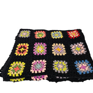 Vintage black and multicolor granny square crocheted sofa throw 47x75